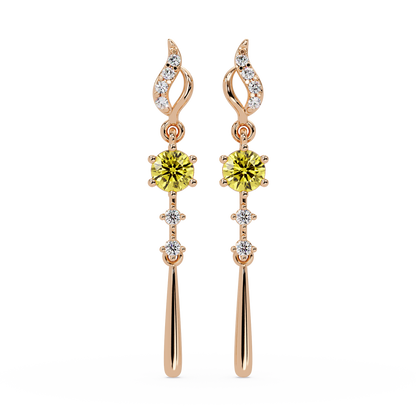 0.6 CTW Round Linear Colorstone Dangle Earrings in Rose gold, Citrine Yellow gemstone