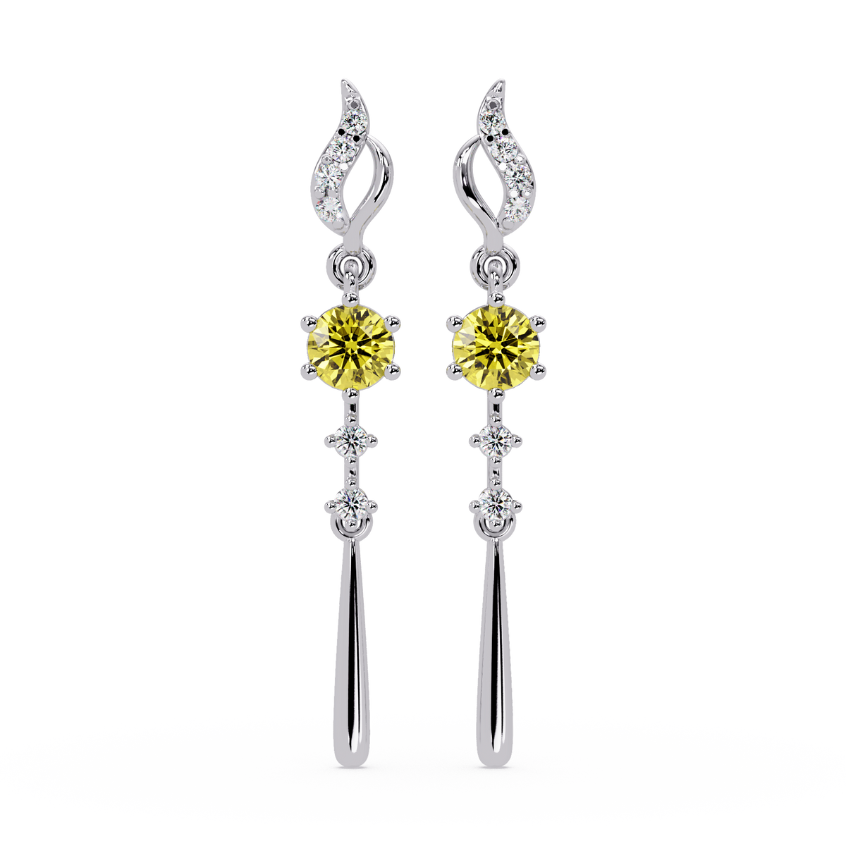 0.6 CTW Round Linear Colorstone Dangle Earrings in White gold, Citrine Yellow gemstone