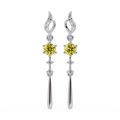 0.6 CTW Round Linear Colorstone Dangle Earrings in White gold, Citrine Yellow gemstone