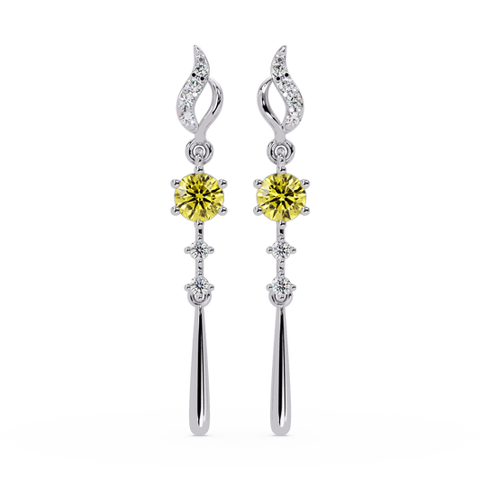 0.6 CTW Round Linear Colorstone Dangle Earrings in White gold, Citrine Yellow gemstone