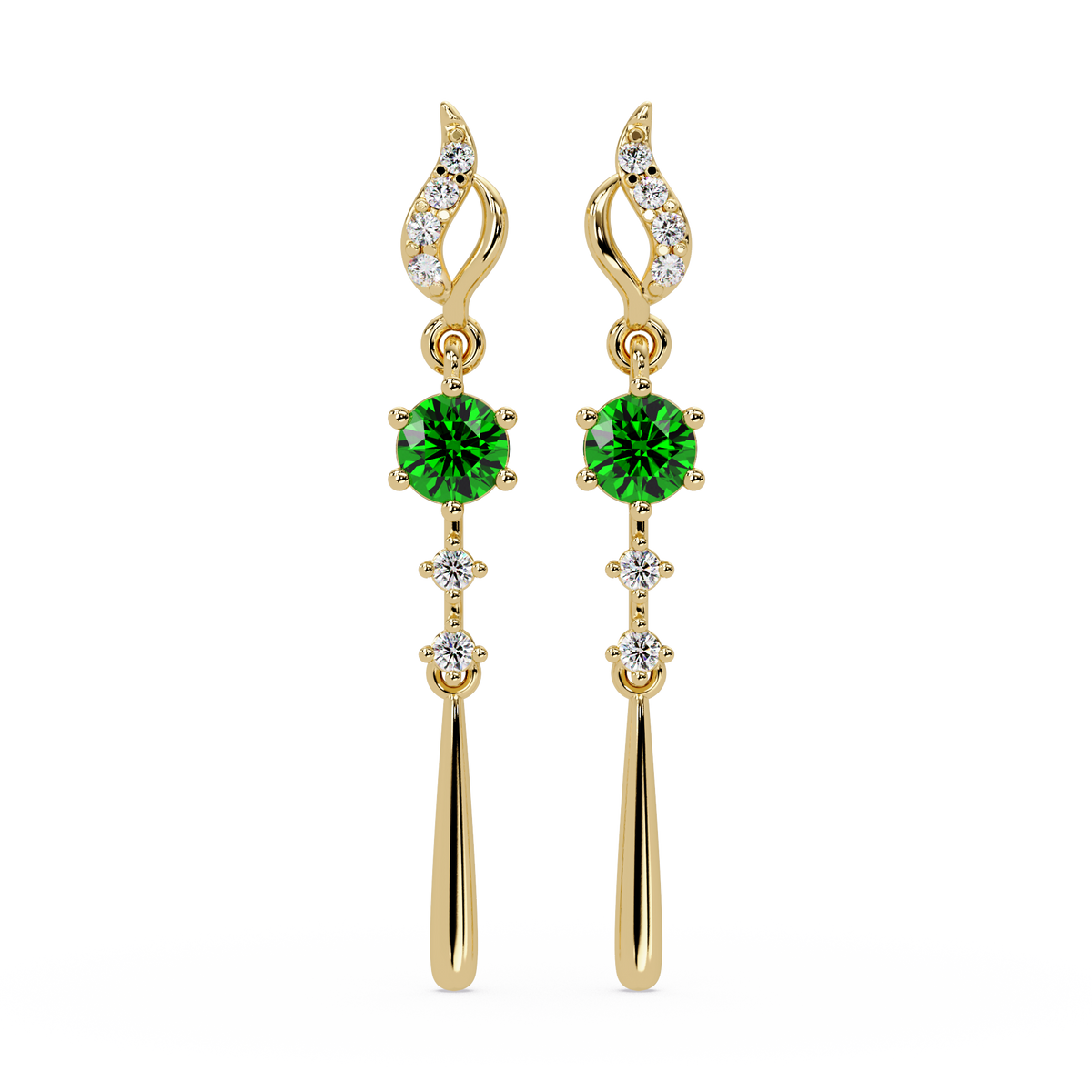 0.6 CTW Round Linear Colorstone Dangle Earrings in Gold, Emerald Green gemstone