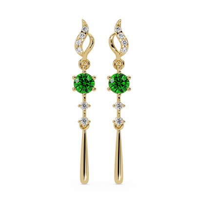 0.6 CTW Round Linear Colorstone Dangle Earrings in Gold, Emerald Green gemstone
