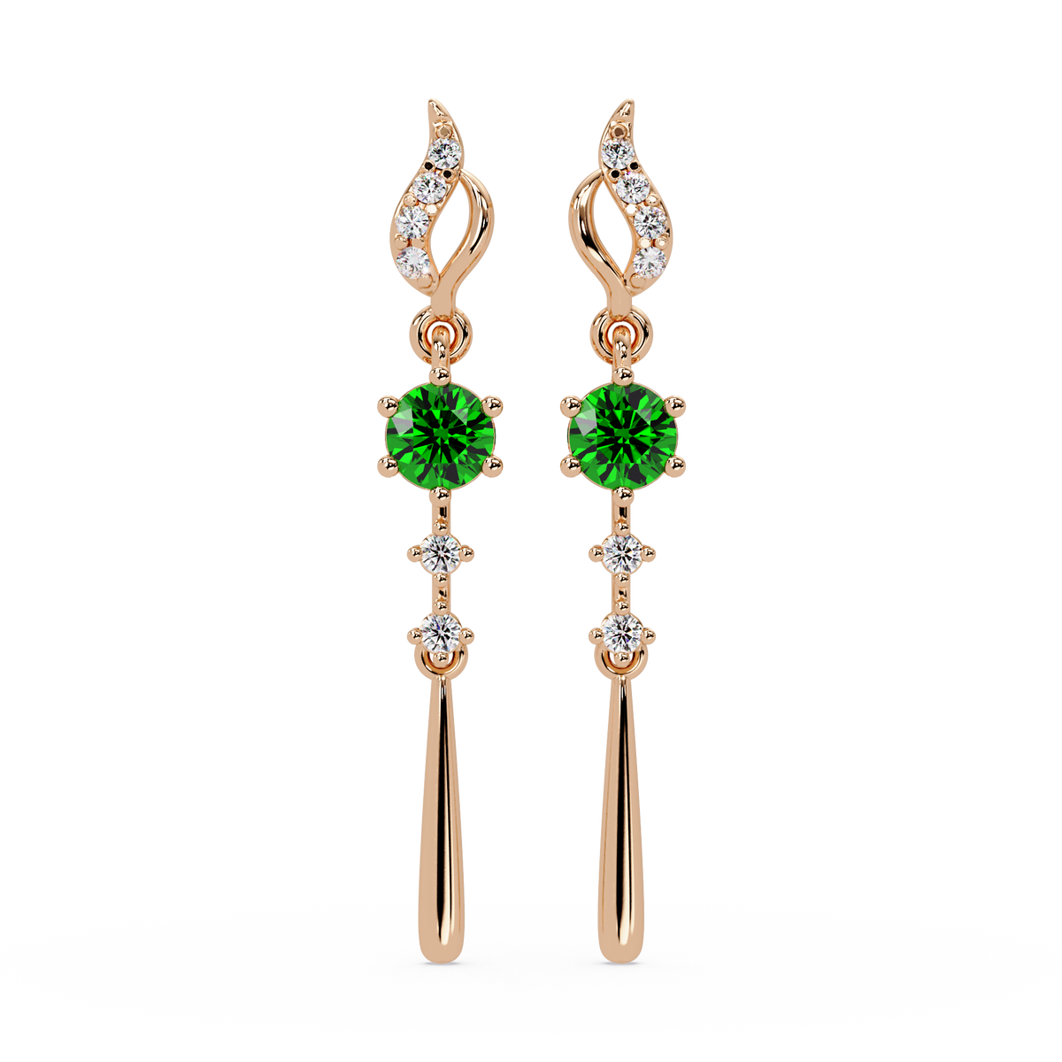 0.6 CTW Round Linear Colorstone Dangle Earrings in Rose gold, Emerald Green gemstone