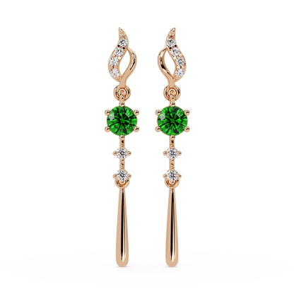 0.6 CTW Round Linear Colorstone Dangle Earrings in Rose gold, Emerald Green gemstone