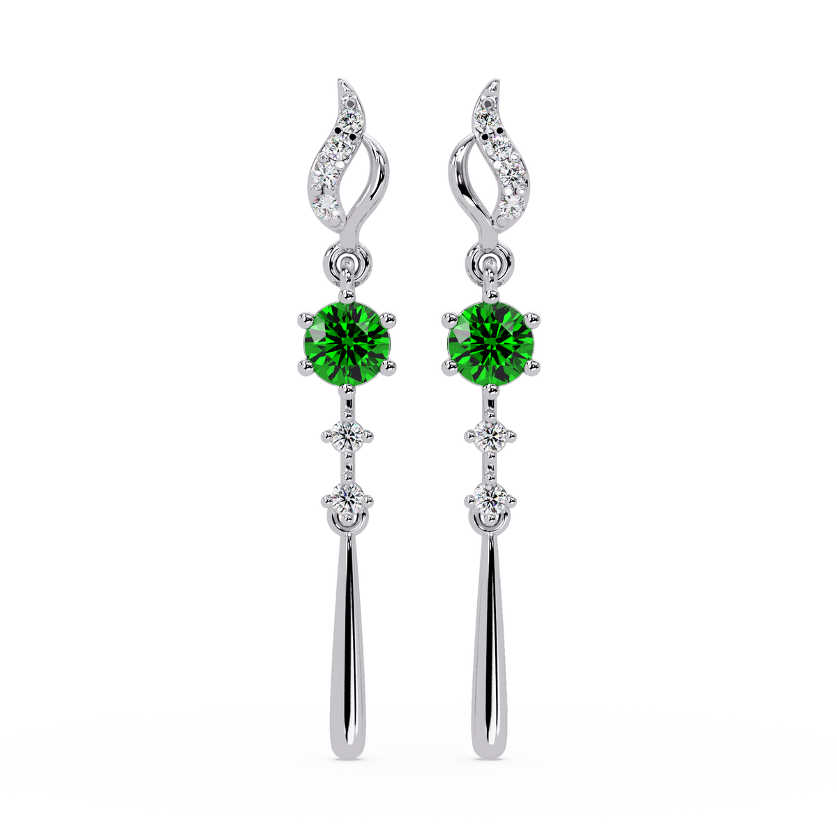 0.6 CTW Round Linear Colorstone Dangle Earrings in White gold, Emerald Green gemstone