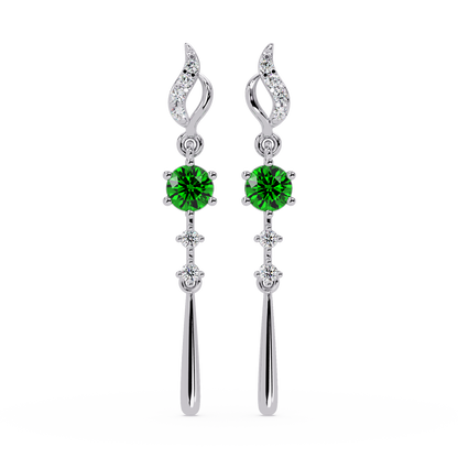 0.6 CTW Round Linear Colorstone Dangle Earrings in White gold, Emerald Green gemstone