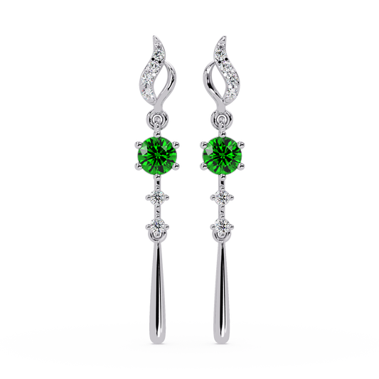 0.6 CTW Round Linear Colorstone Dangle Earrings in White gold, Emerald Green gemstone