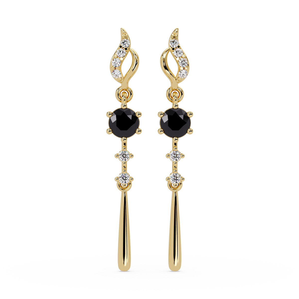 0.6 CTW Round Linear Colorstone Dangle Earrings in Gold, Onyx gemstone