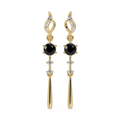 0.6 CTW Round Linear Colorstone Dangle Earrings in Gold, Onyx gemstone