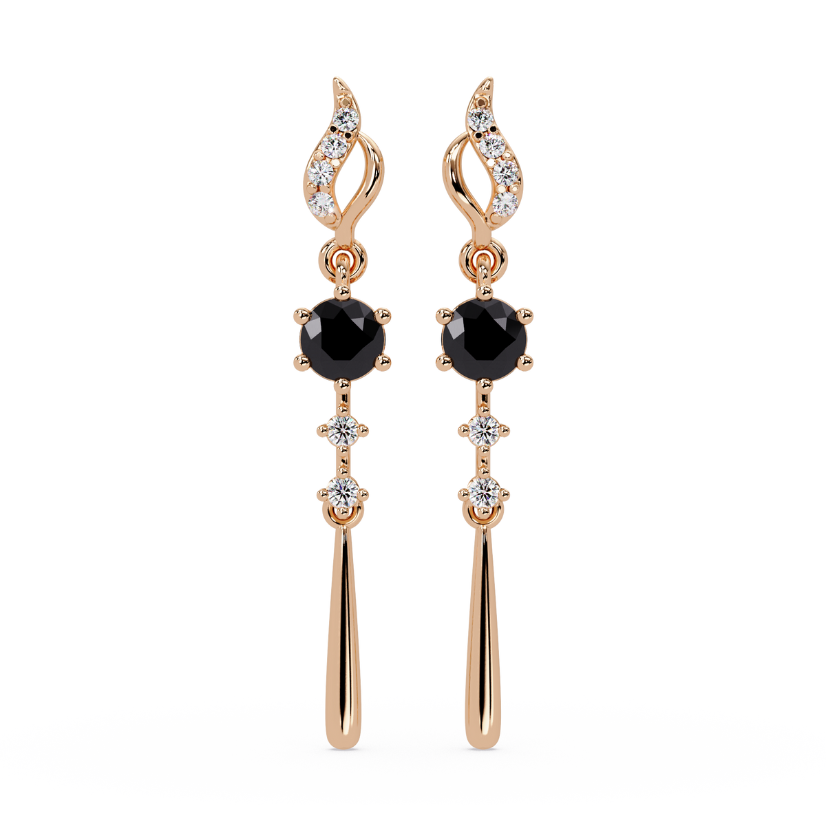 0.6 CTW Round Linear Colorstone Dangle Earrings in Rose gold, Onyx gemstone