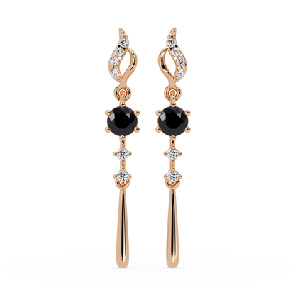 0.6 CTW Round Linear Colorstone Dangle Earrings in Rose gold, Onyx gemstone