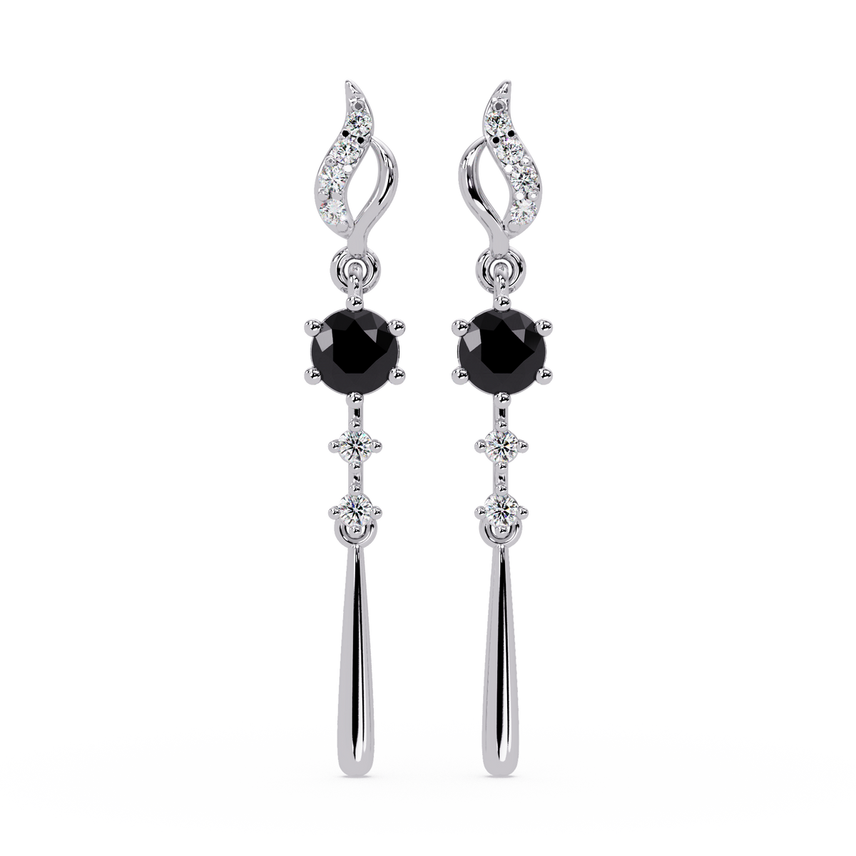 0.6 CTW Round Linear Colorstone Dangle Earrings in White gold, Onyx gemstone