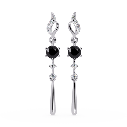 0.6 CTW Round Linear Colorstone Dangle Earrings in White gold, Onyx gemstone