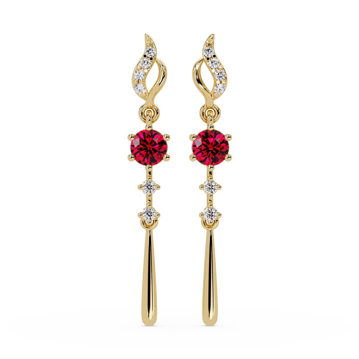 0.6 CTW Round Linear Colorstone Dangle Earrings in Gold, Ruby Red gemstone