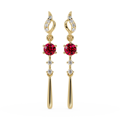 0.6 CTW Round Linear Colorstone Dangle Earrings in Gold, Ruby Red gemstone