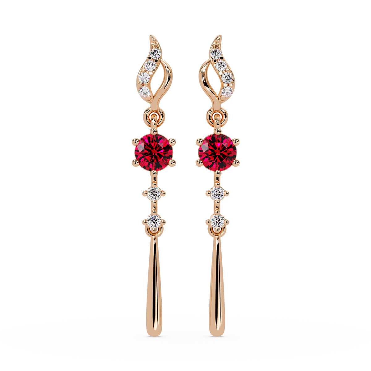 0.6 CTW Round Linear Colorstone Dangle Earrings in Rose gold, Ruby Red gemstone