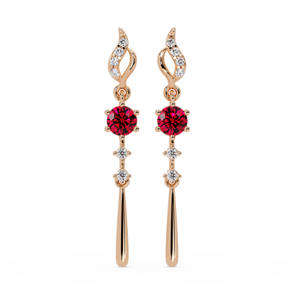 0.6 CTW Round Linear Colorstone Dangle Earrings in Rose gold, Ruby Red gemstone
