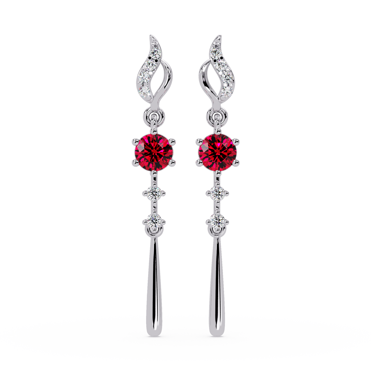 0.6 CTW Round Linear Colorstone Dangle Earrings in White gold, Ruby Red gemstone