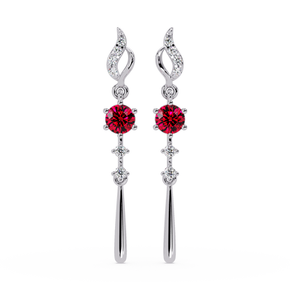 0.6 CTW Round Linear Colorstone Dangle Earrings in White gold, Ruby Red gemstone