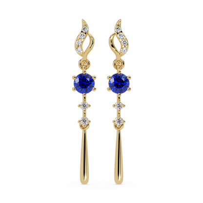 0.6 CTW Round Linear Colorstone Dangle Earrings in Gold, Sapphire Blue gemstone