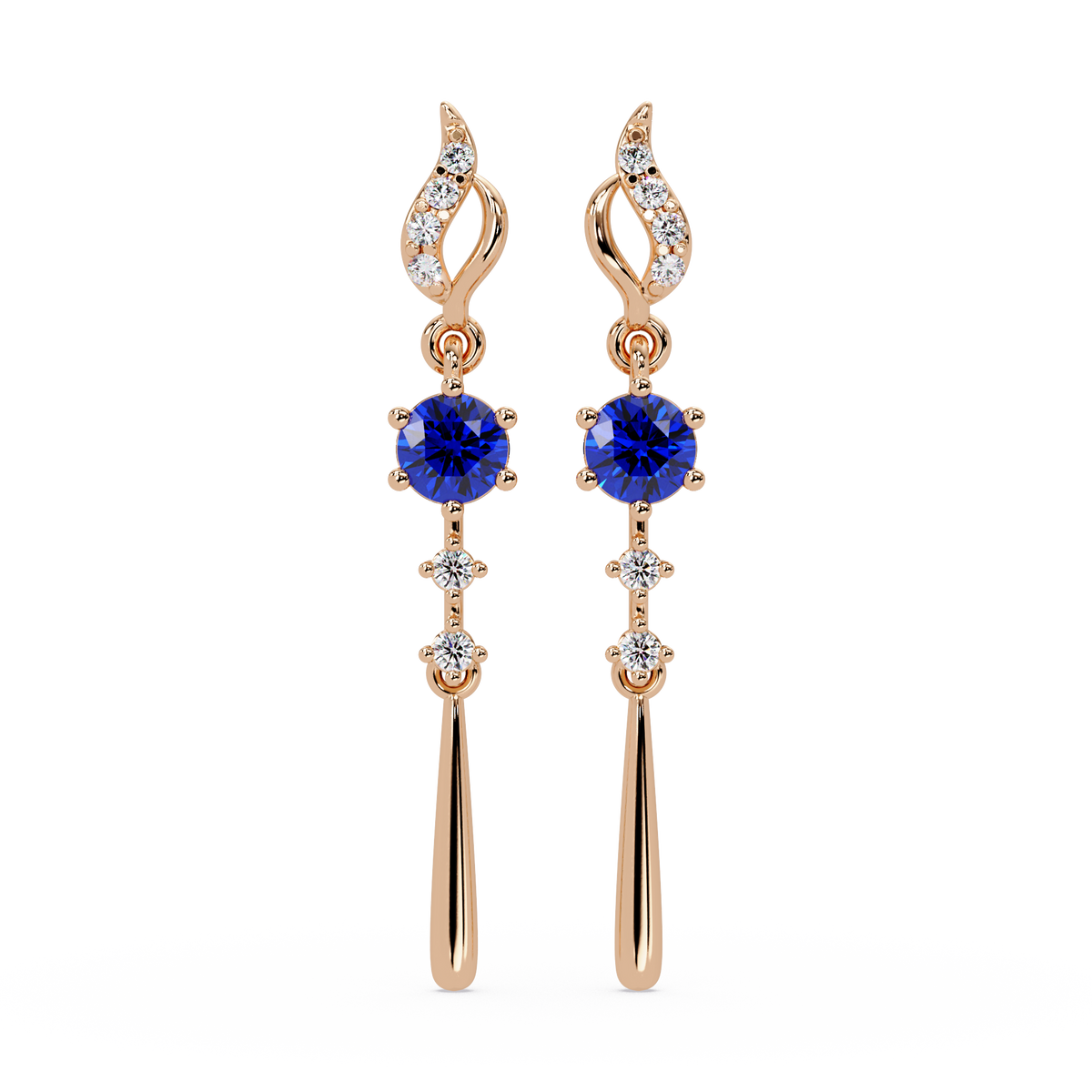 0.6 CTW Round Linear Colorstone Dangle Earrings in Rose gold, Sapphire Blue gemstone