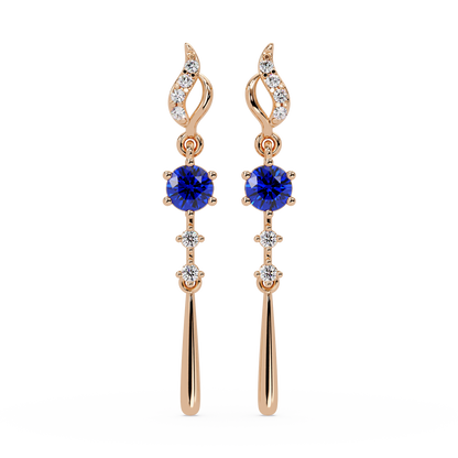 0.6 CTW Round Linear Colorstone Dangle Earrings in Rose gold, Sapphire Blue gemstone