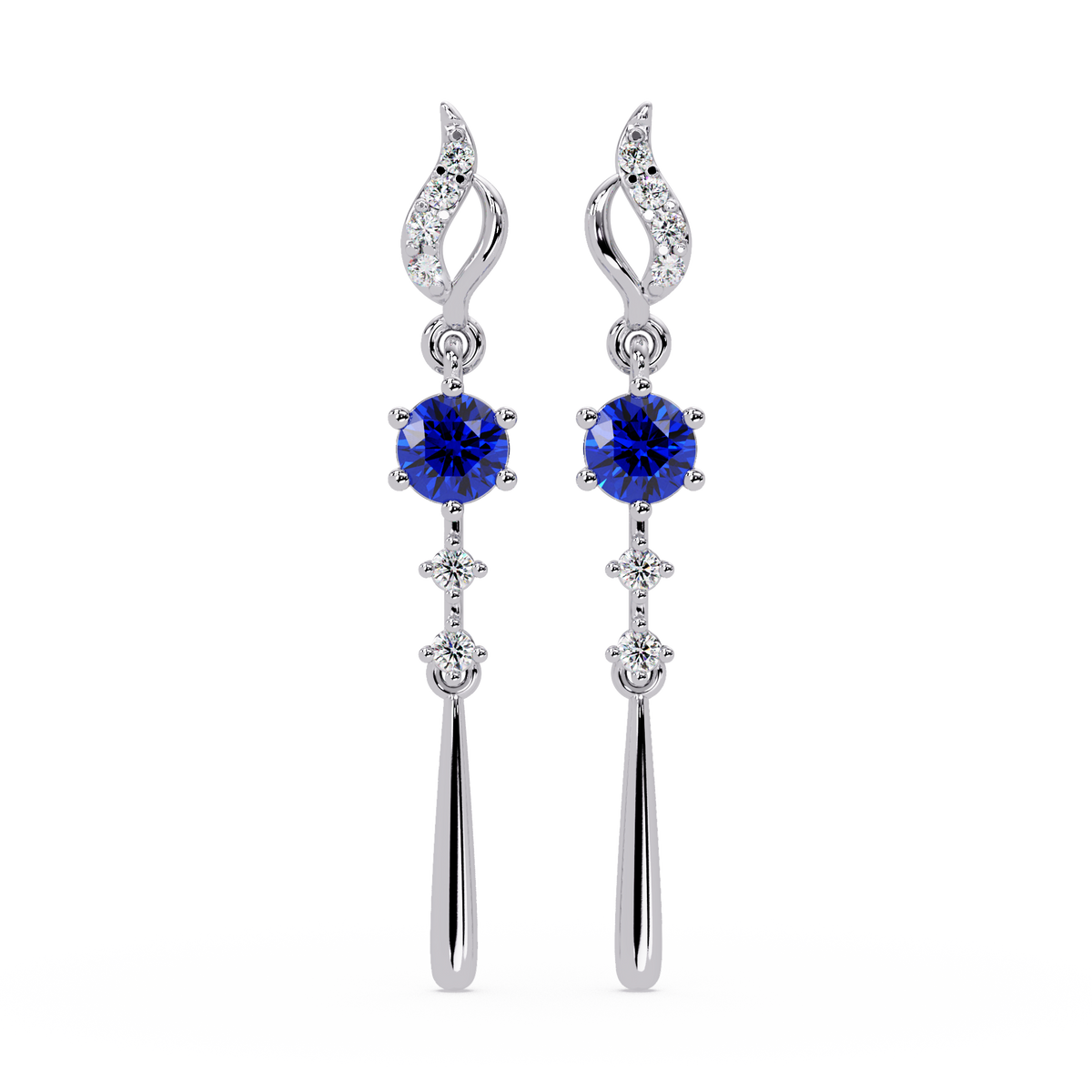 0.6 CTW Round Linear Colorstone Dangle Earrings in White gold, Sapphire Blue gemstone