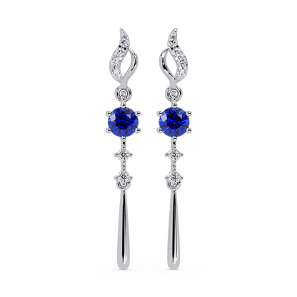 0.6 CTW Round Linear Colorstone Dangle Earrings in White gold, Sapphire Blue gemstone