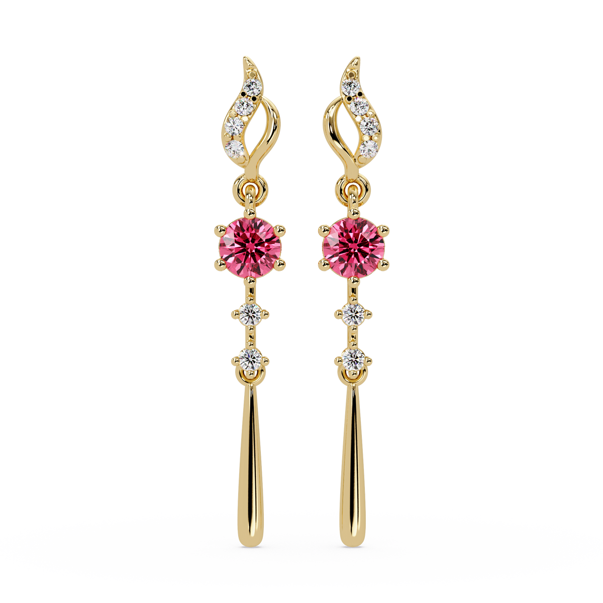 0.6 CTW Round Linear Colorstone Dangle Earrings in Gold, Tourmaline Pink gemstone