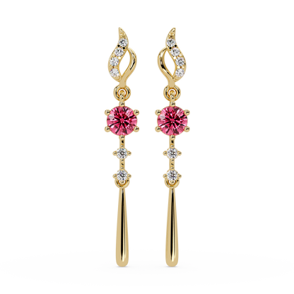 0.6 CTW Round Linear Colorstone Dangle Earrings in Gold, Tourmaline Pink gemstone