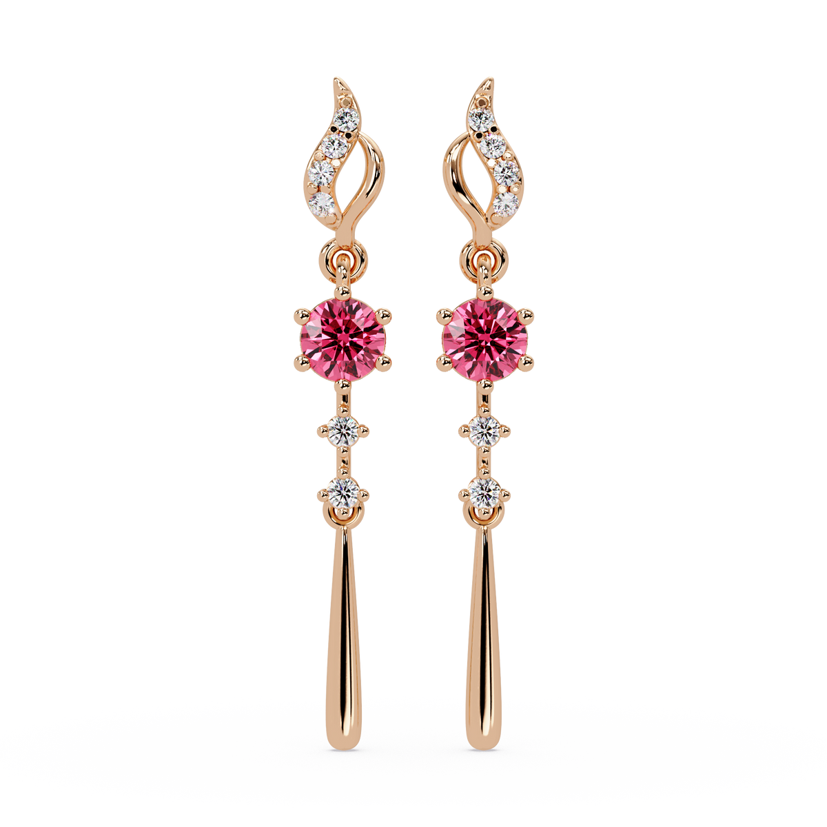 0.6 CTW Round Linear Colorstone Dangle Earrings in Rose gold, Tourmaline Pink gemstone