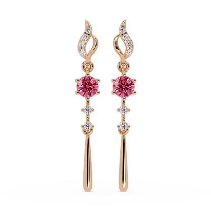 0.6 CTW Round Linear Colorstone Dangle Earrings in Rose gold, Tourmaline Pink gemstone