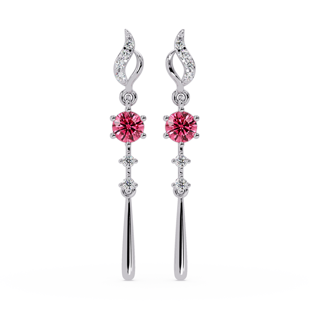 0.6 CTW Round Linear Colorstone Dangle Earrings in White gold, Tourmaline Pink gemstone