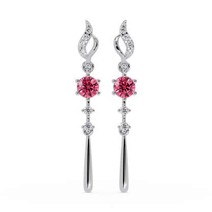 0.6 CTW Round Linear Colorstone Dangle Earrings in White gold, Tourmaline Pink gemstone
