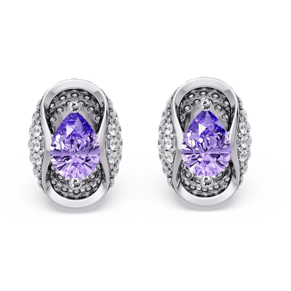 2.2 CTW Pear Halo Colorstone Stud Earrings in White gold with Amethyst Purple pear center stones