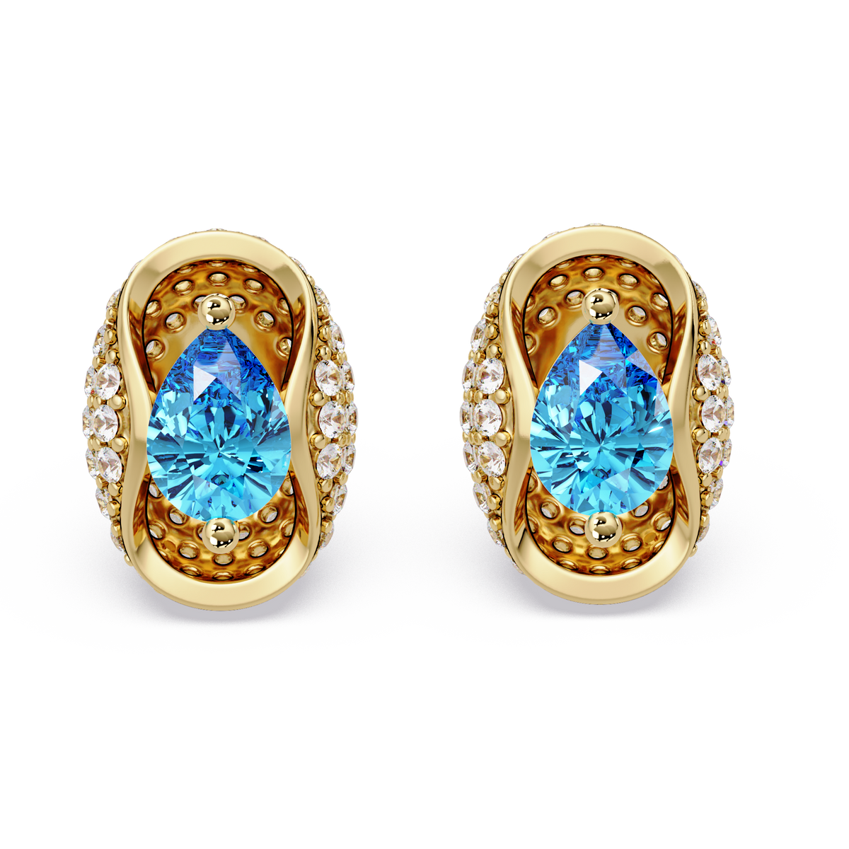 2.2 CTW Pear Halo Colorstone Stud Earrings in Gold with Aquamarine Blue pear center stones