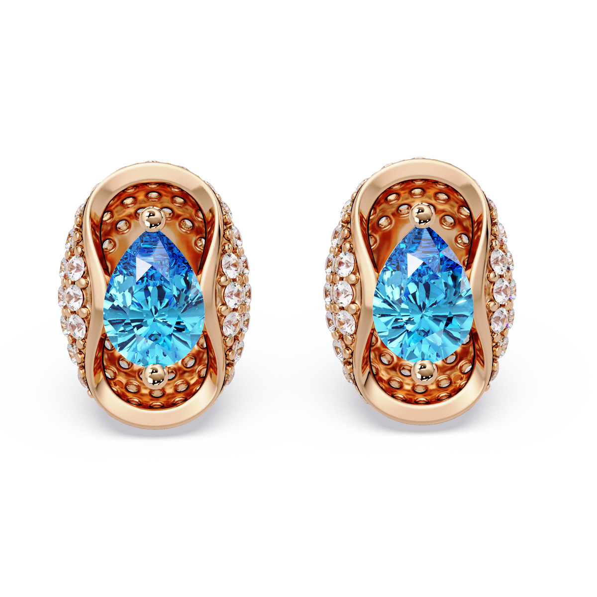2.2 CTW Pear Halo Colorstone Stud Earrings in Rose gold with Aquamarine Blue pear center stones
