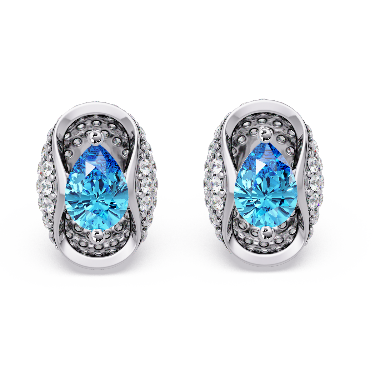 2.2 CTW Pear Halo Colorstone Stud Earrings in White gold with Aquamarine Blue pear center stones