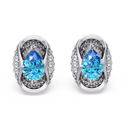 2.2 CTW Pear Halo Colorstone Stud Earrings in White gold with Aquamarine Blue pear center stones