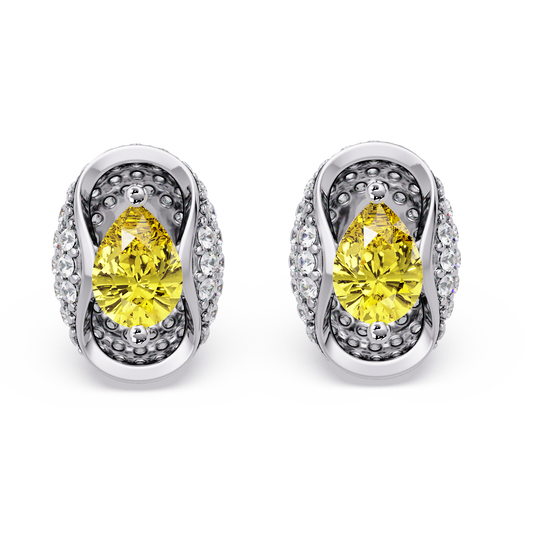 2.2 CTW Pear Halo Colorstone Stud Earrings in White gold with Citrine Yellow pear center stones