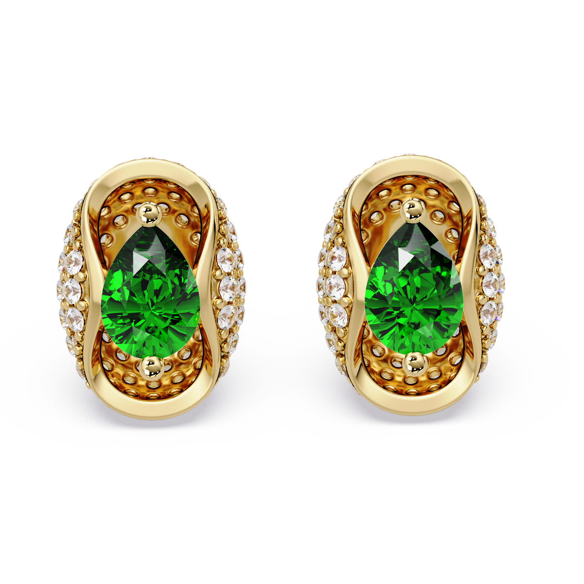 2.2 CTW Pear Halo Colorstone Stud Earrings in Gold with Emerald Green pear center stones