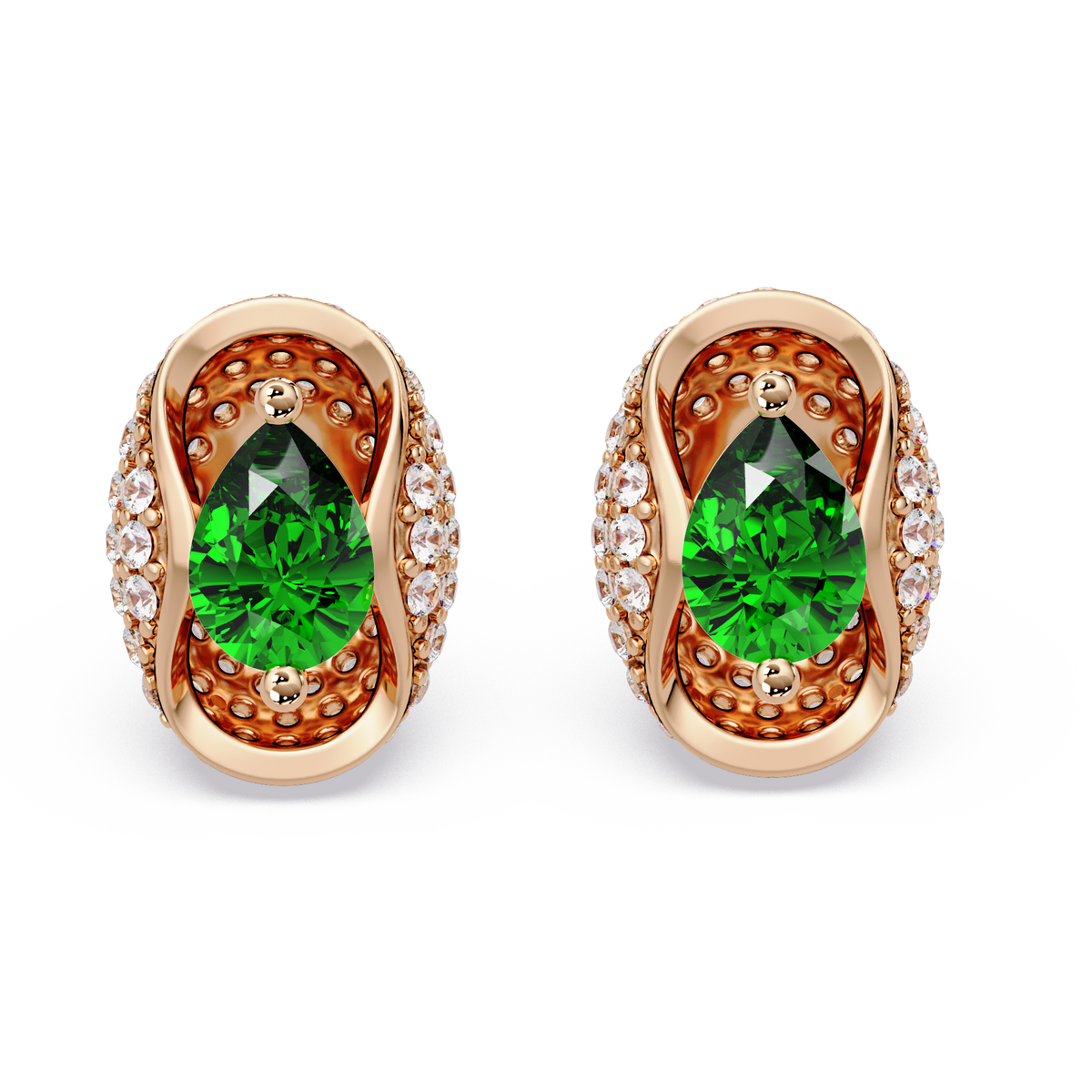 2.2 CTW Pear Halo Colorstone Stud Earrings in Rose gold with Emerald Green pear center stones