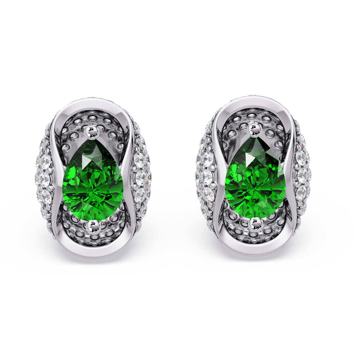 2.2 CTW Pear Halo Colorstone Stud Earrings in White gold with Emerald Green pear center stones