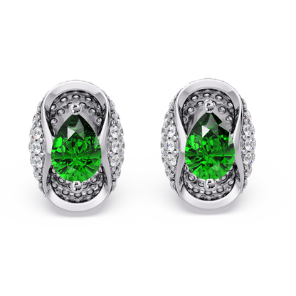 2.2 CTW Pear Halo Colorstone Stud Earrings in White gold with Emerald Green pear center stones
