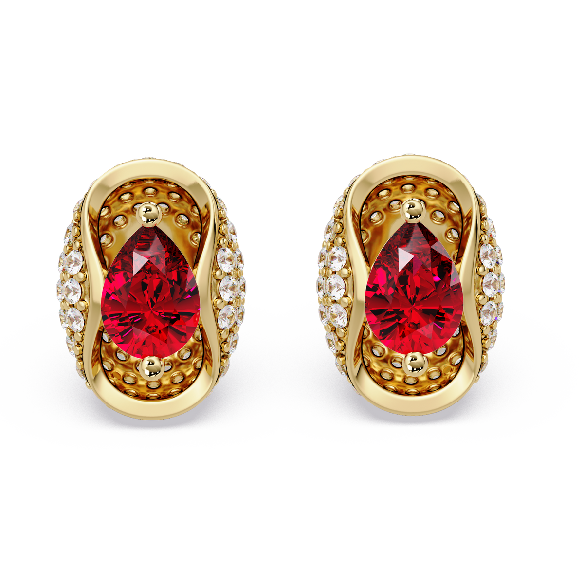 2.2 CTW Pear Halo Colorstone Stud Earrings in Gold with Ruby Red pear center stones