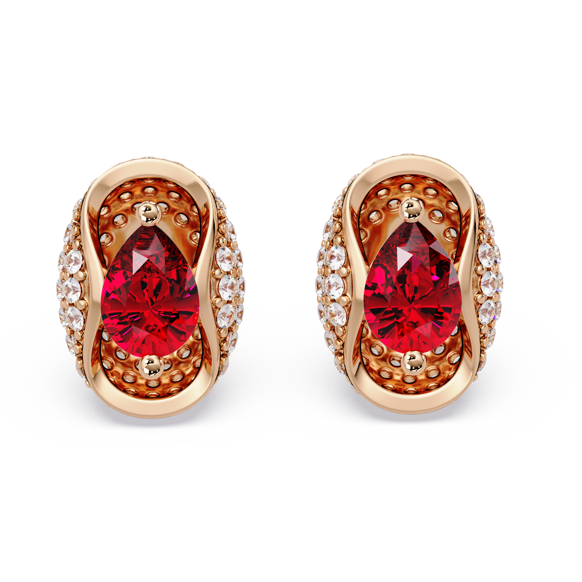 2.2 CTW Pear Halo Colorstone Stud Earrings in Rose gold with Ruby Red pear center stones