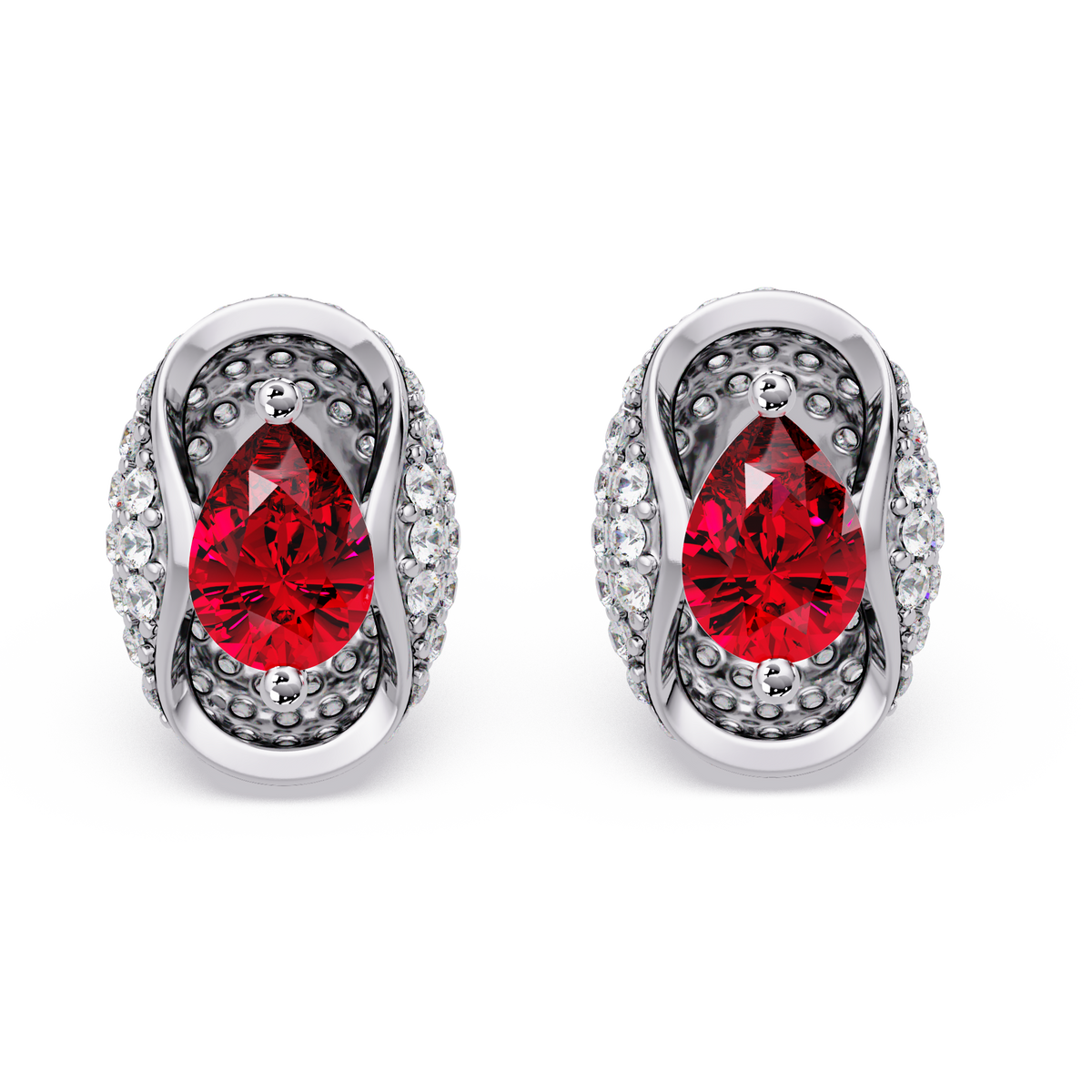 2.2 CTW Pear Halo Colorstone Stud Earrings in White gold with Ruby Red pear center stones