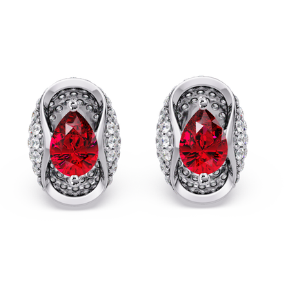 2.2 CTW Pear Halo Colorstone Stud Earrings in White gold with Ruby Red pear center stones