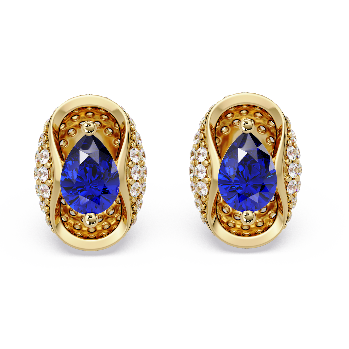 2.2 CTW Pear Halo Colorstone Stud Earrings in Gold with Sapphire Blue pear center stones