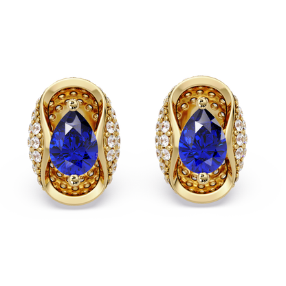 2.2 CTW Pear Halo Colorstone Stud Earrings in Gold with Sapphire Blue pear center stones